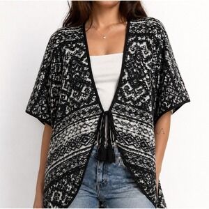 NWT Lucky Brand Open Kimono Cardigan Sz OS Black Aztec Marled Fleece Tassel Boho